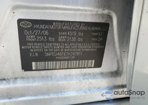 2007 Hyundai Sonata Se from USA, damaged, VIN 5NPEU46F67H247811